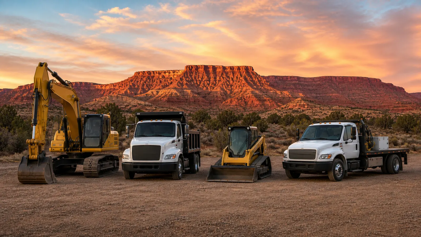 Diggin' Riggin' excavator, dump truck, skid steer and welding truck lined up at dusk in southern Utah
