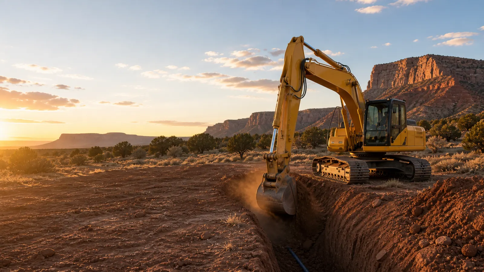Excavator digging a utility trench on a lot near Apple Valley, Utah, red rock mesas behind