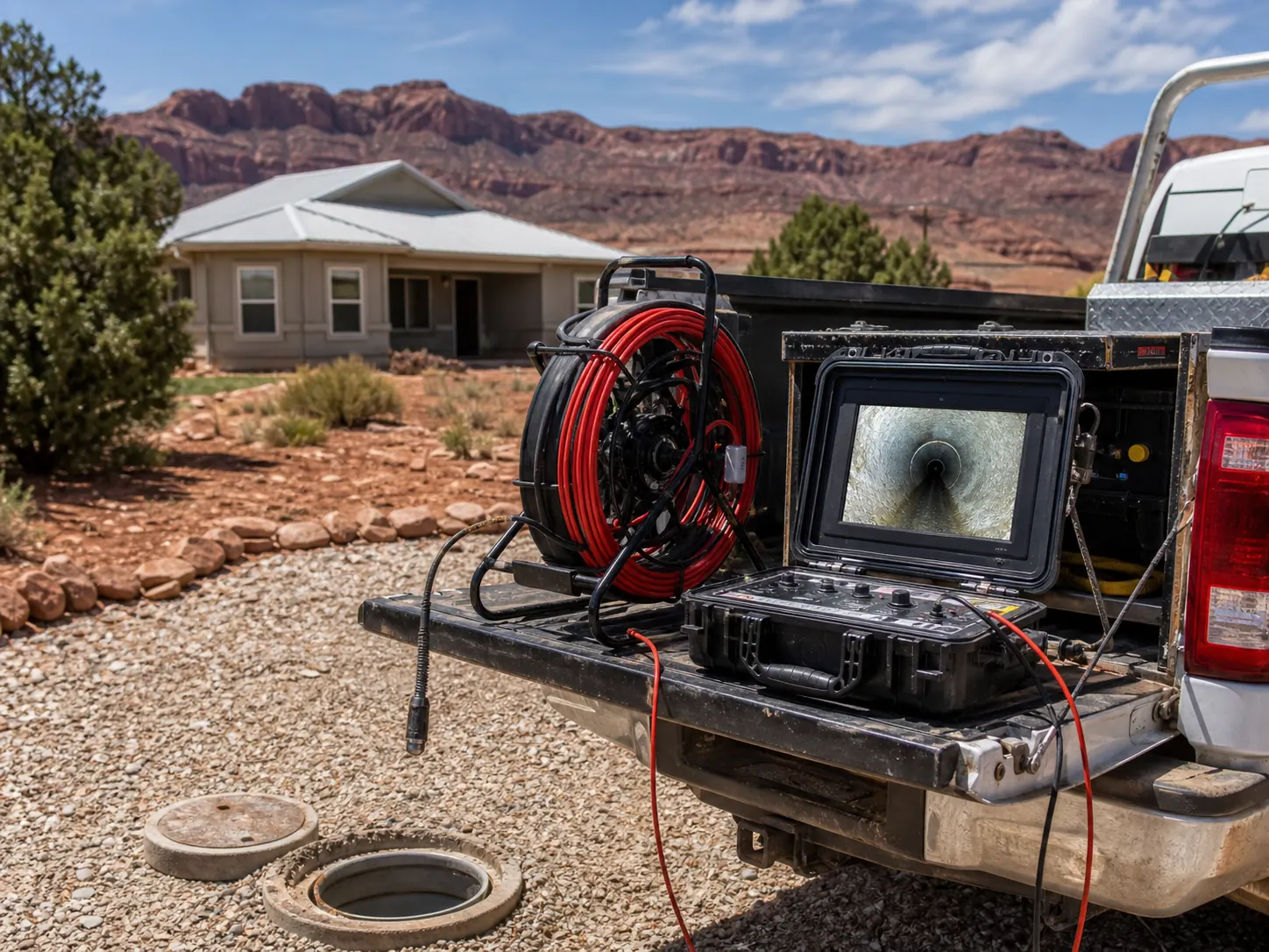 Sewer camera inspection reel and monitor on a truck tailgate beside an open cleanout, Utah home behind