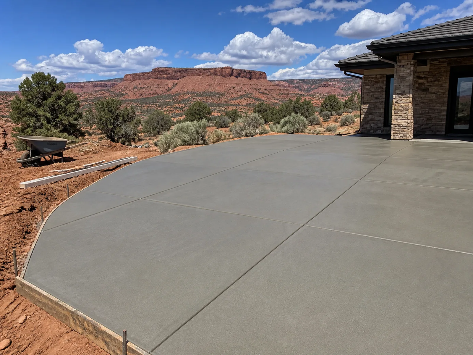 Freshly poured and troweled concrete driveway and patio slab at a desert home, red mesa behind