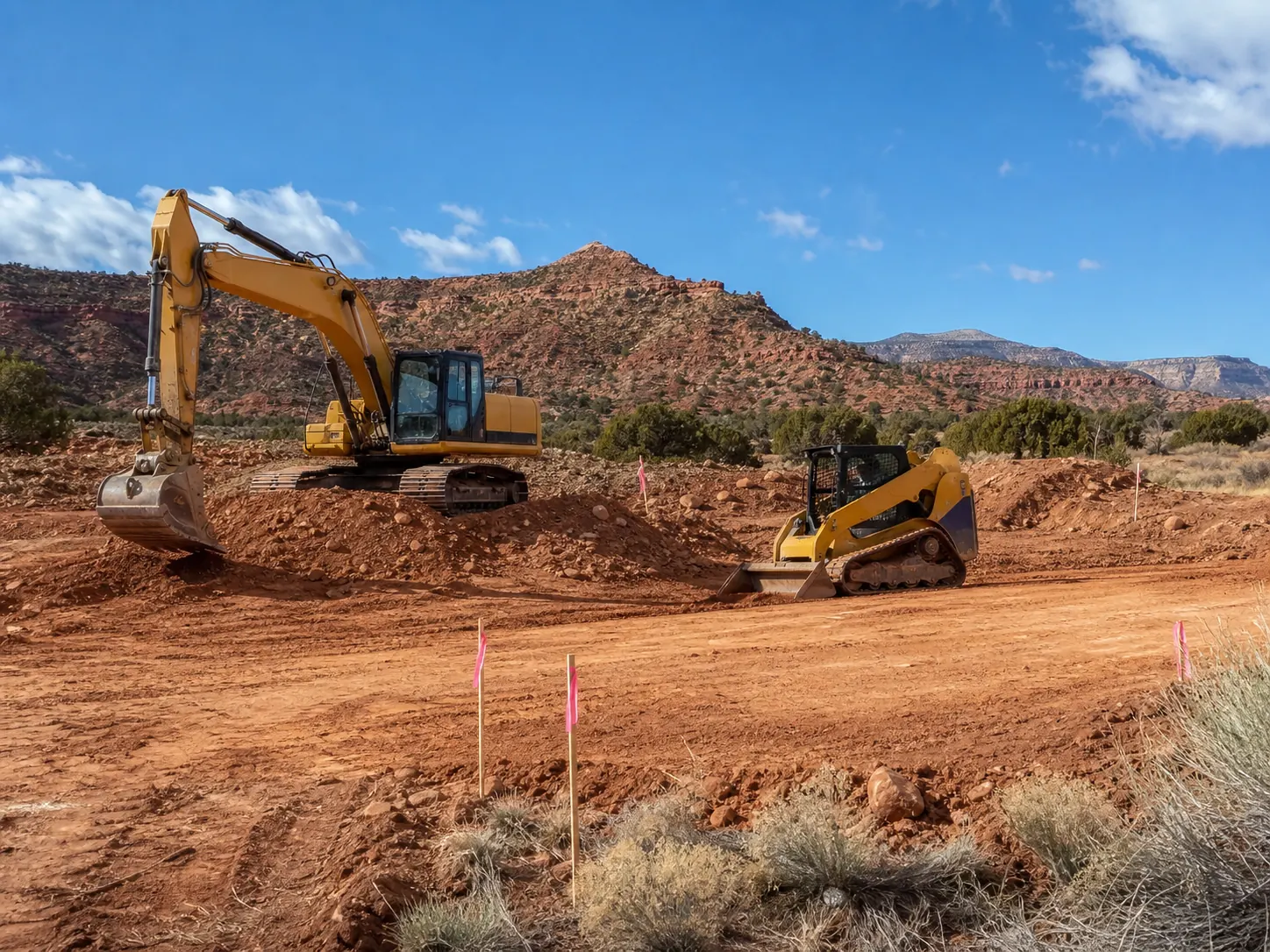 Excavator and skid steer grading a building pad on a desert lot in Washington County, Utah