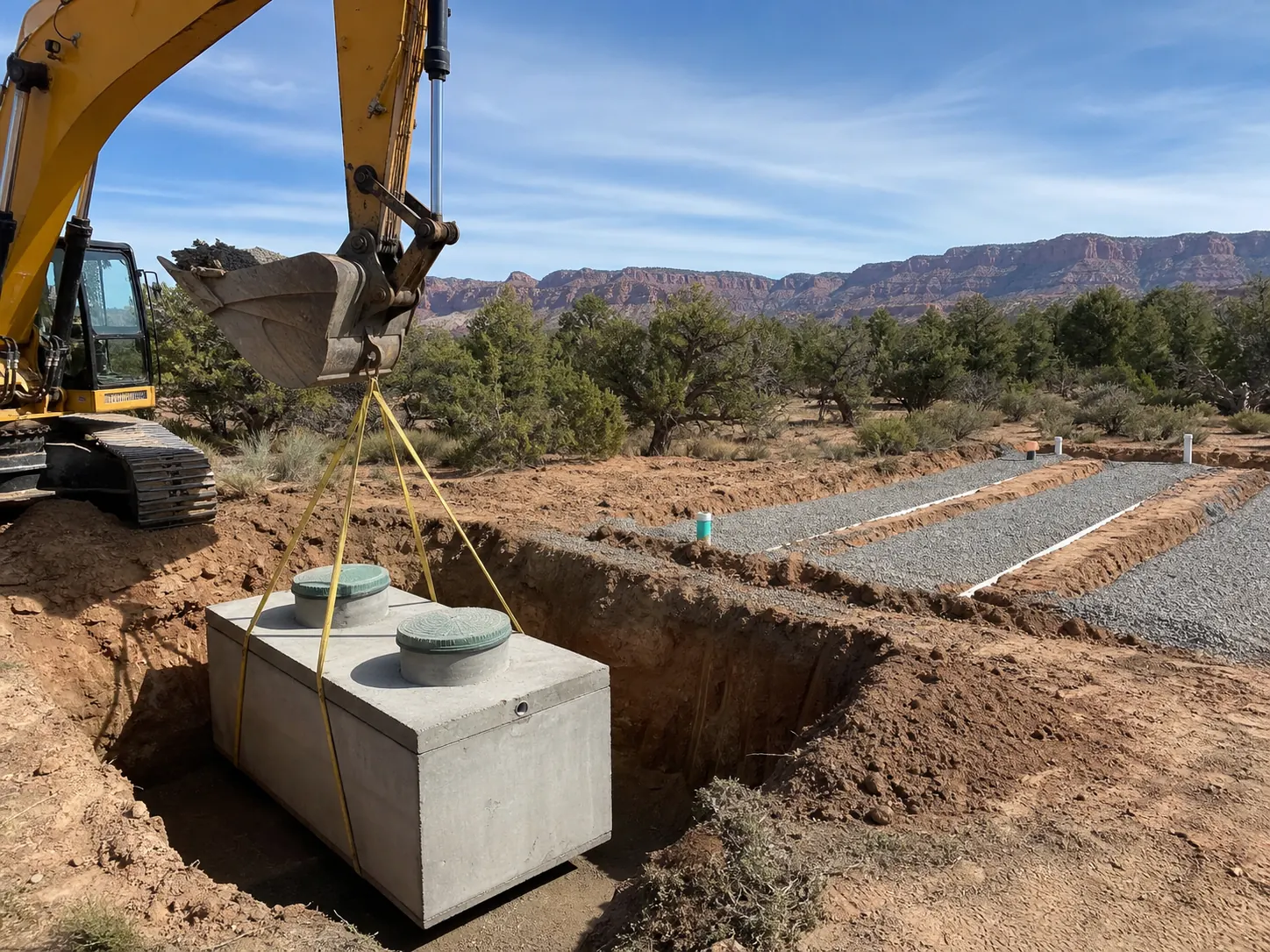Concrete septic tank being set into an excavation with drain field trenches, southern Utah