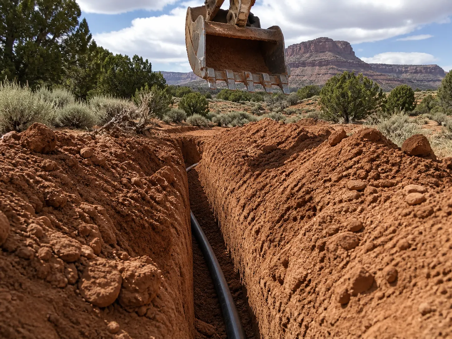 Black water line laid in a fresh trench with excavator bucket above, red desert soil