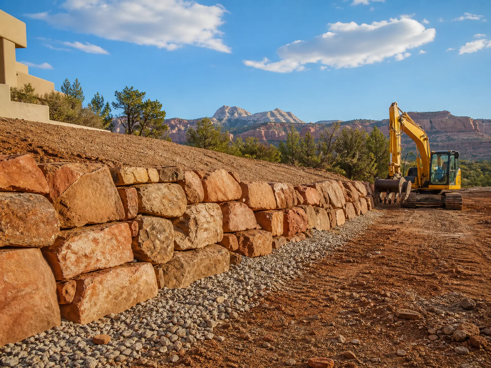 Dry-stacked sandstone boulder retaining wall holding a graded slope at a desert home site