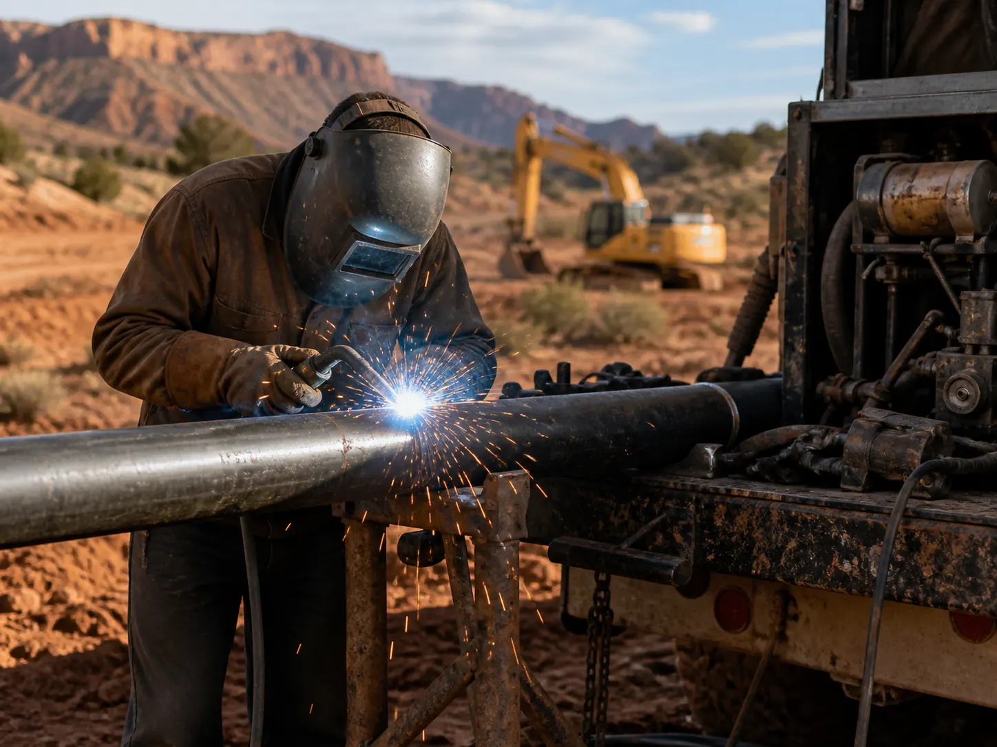 Welder joining steel pipe on a jobsite welding truck with an excavator in the background